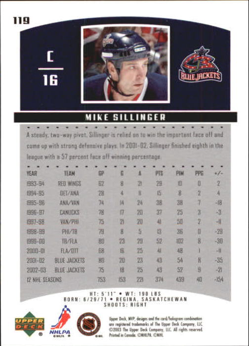 2003-04 Upper Deck MVP #119 Mike Sillinger back image