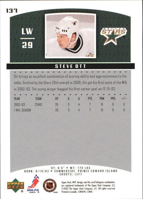 2003-04 Upper Deck MVP #137 Steve Ott back image