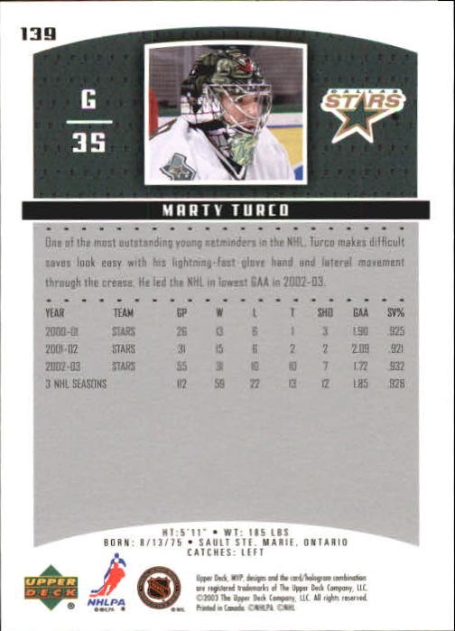 2003-04 Upper Deck MVP #139 Marty Turco back image