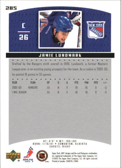 2003-04 Upper Deck MVP #285 Jamie Lundmark back image