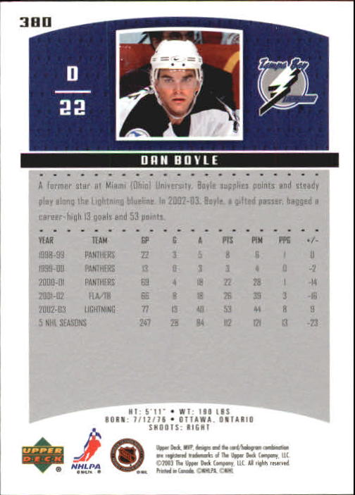 2003-04 Upper Deck MVP #380 Dan Boyle back image