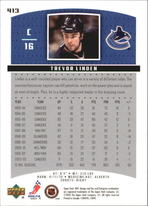 2003-04 Upper Deck MVP #413 Trevor Linden back image