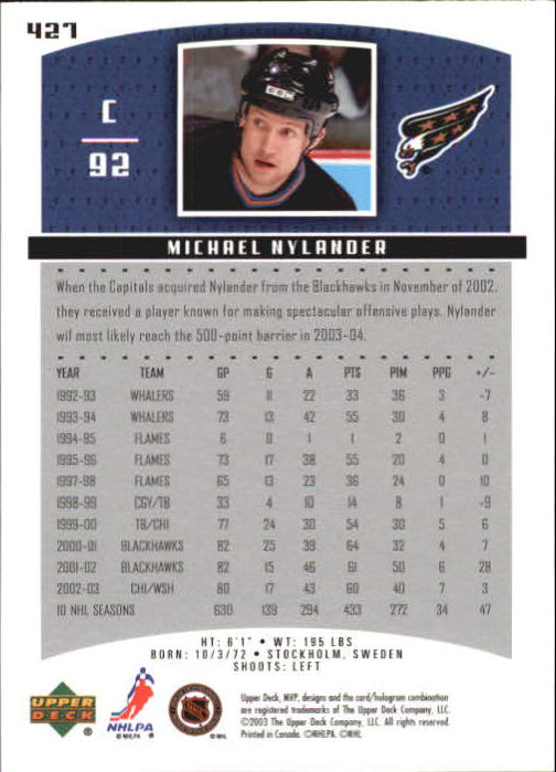 2003-04 Upper Deck MVP #427 Michael Nylander back image