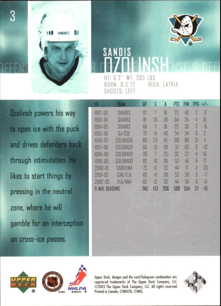 2003-04 Upper Deck #3 Sandis Ozolinsh back image