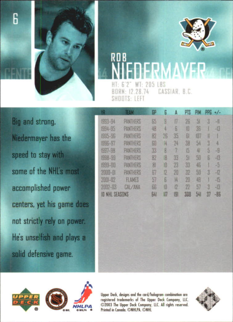 2003-04 Upper Deck #6 Rob Niedermayer back image
