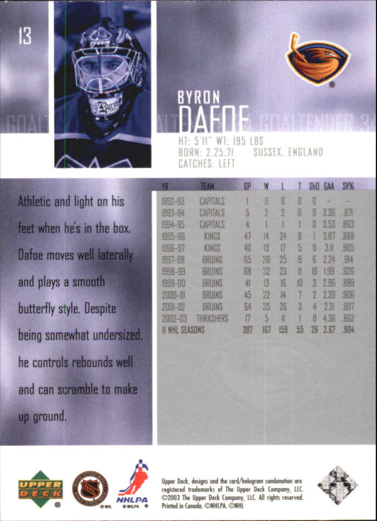 2003-04 Upper Deck #13 Byron Dafoe back image