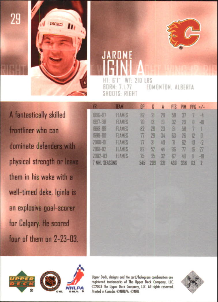 2003-04 Upper Deck #29 Jarome Iginla back image
