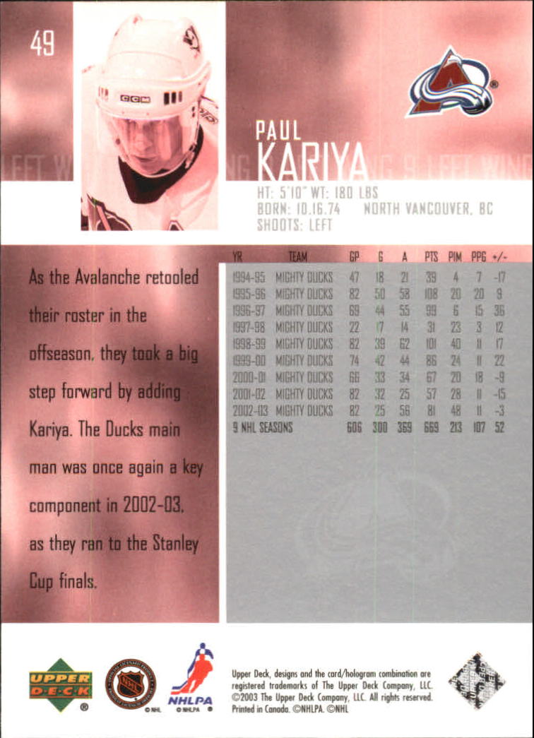 2003-04 Upper Deck #49 Paul Kariya back image