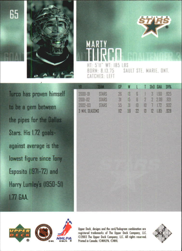 2003-04 Upper Deck #65 Marty Turco back image