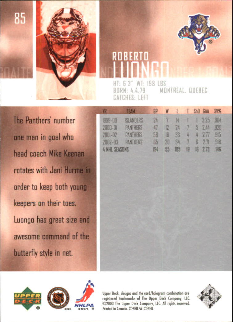 2003-04 Upper Deck #85 Roberto Luongo back image