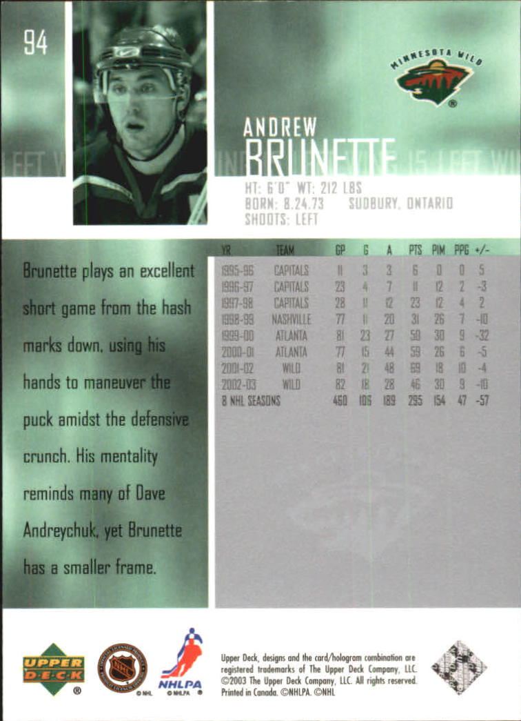 2003-04 Upper Deck #94 Andrew Brunette back image