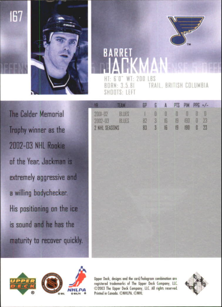 2003-04 Upper Deck #167 Barret Jackman back image