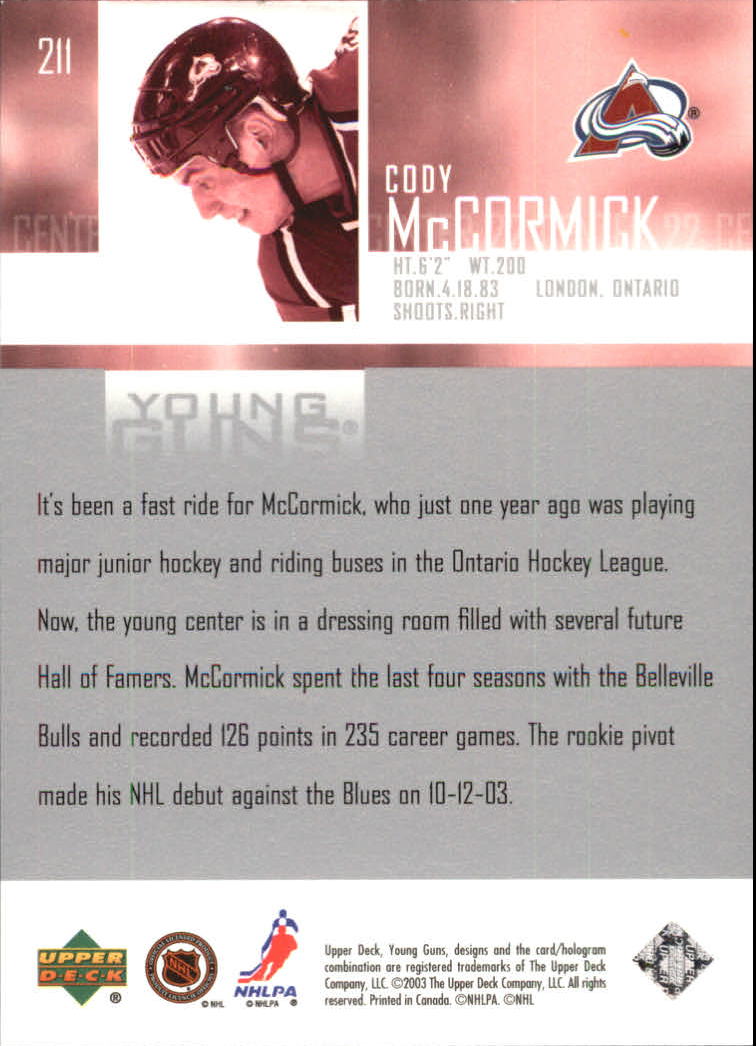 2003-04 Upper Deck #211 Cody McCormick YG RC back image