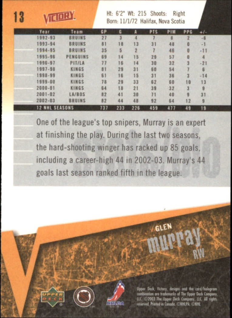 2003-04 Upper Deck Victory #13 Glen Murray back image