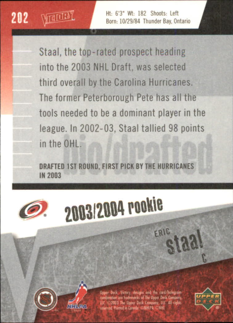 2003-04 Upper Deck Victory #202 Eric Staal RC back image