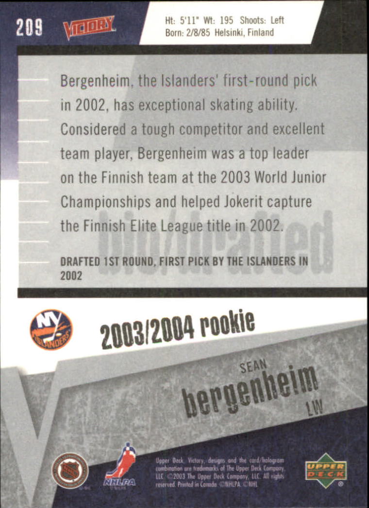 2003-04 Upper Deck Victory #209 Sean Bergenheim RC back image