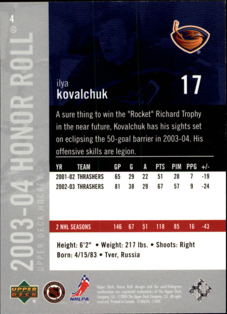2003-04 Upper Deck Honor Roll #4 Ilya Kovalchuk back image