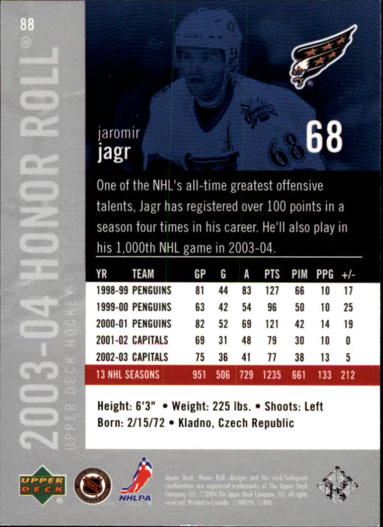2003-04 Upper Deck Honor Roll #88 Jaromir Jagr back image