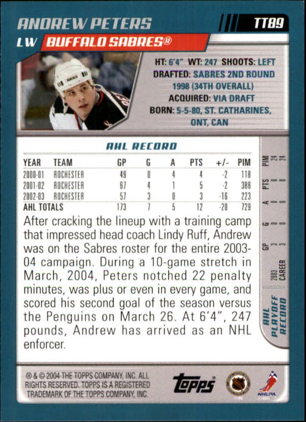 2003-04 Topps Traded #TT89 Andrew Peters RC back image