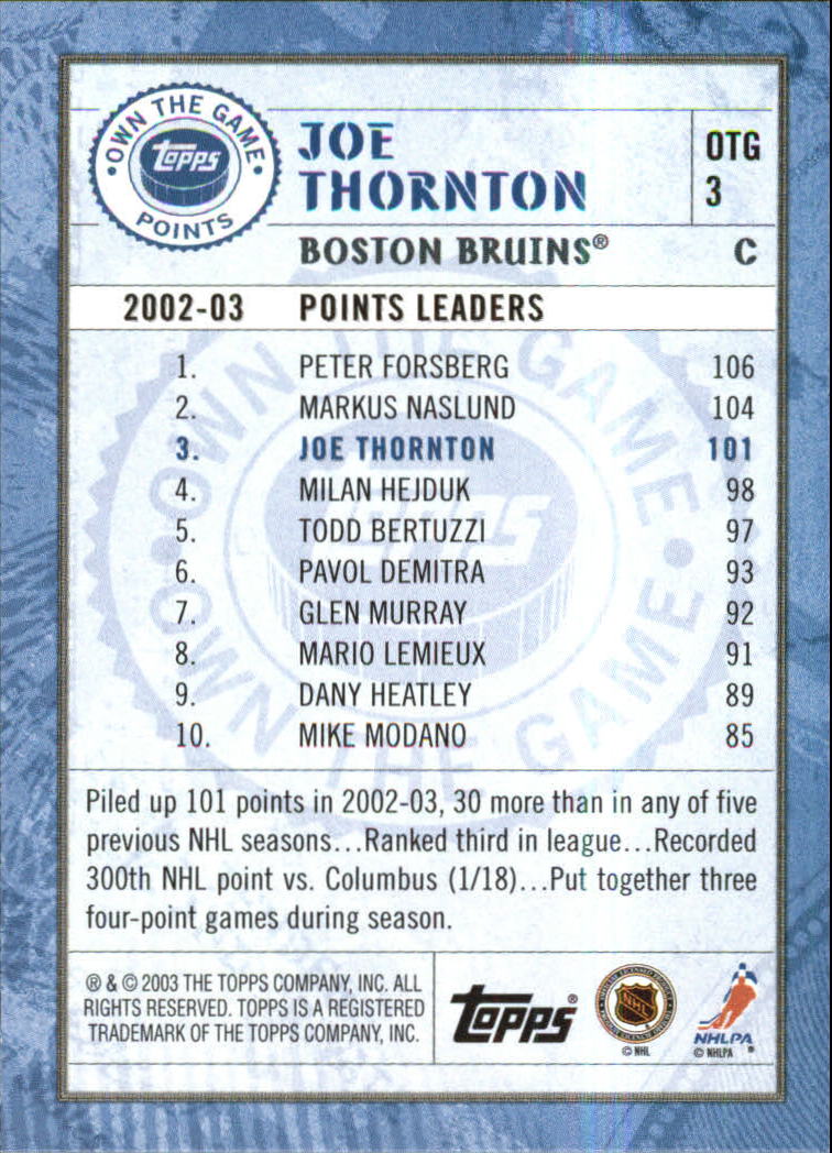 2003-04 Topps Own the Game #OTG3 Joe Thornton back image