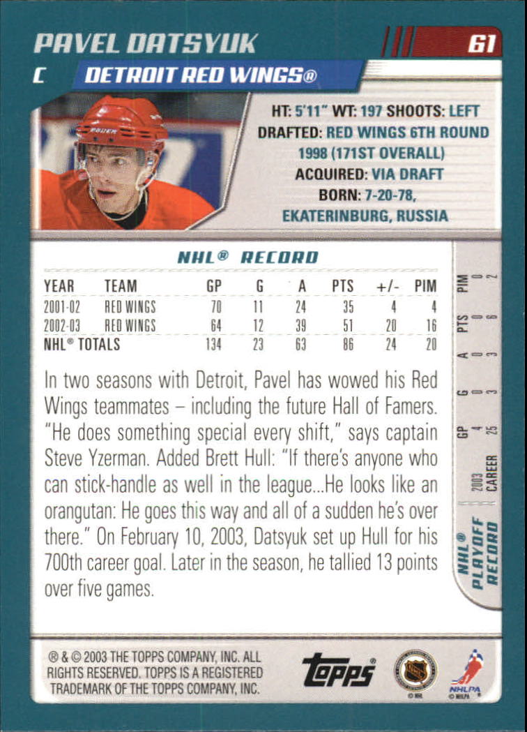 2003-04 Topps #61 Pavel Datsyuk back image