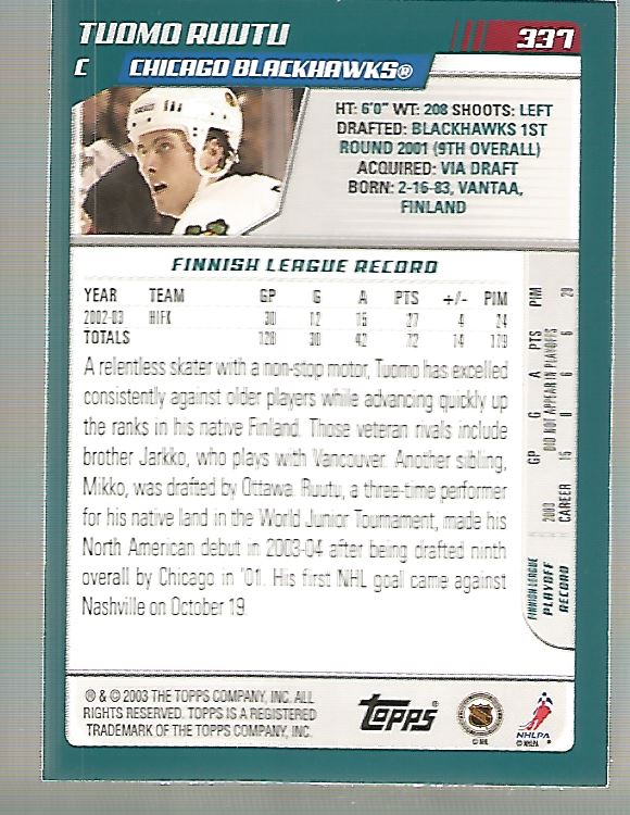 2003-04 Topps #337 Tuomo Ruutu RC back image