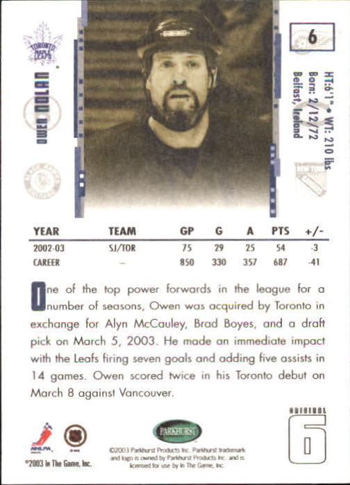 2003-04 Parkhurst Original Six Toronto #6 Owen Nolan back image