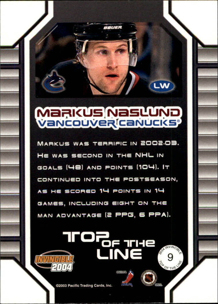 2003-04 Pacific Invincible Top Line #9 Markus Naslund back image