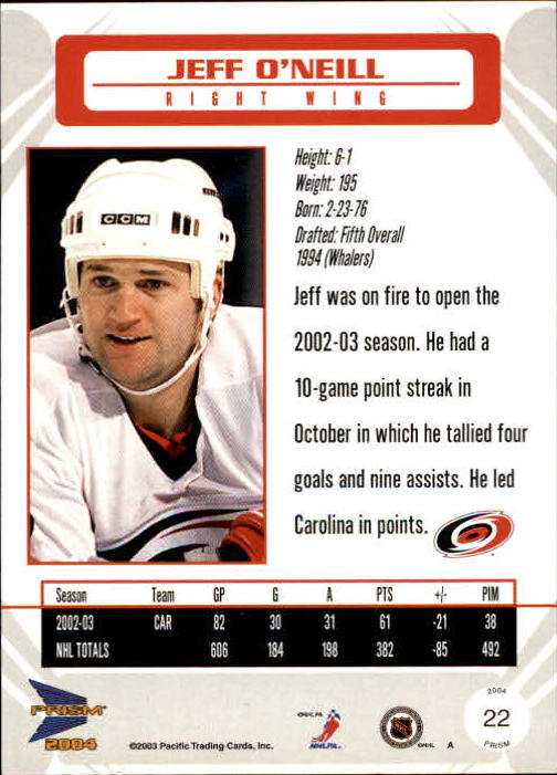 2003-04 Pacific Prism #22 Jeff O'Neill back image