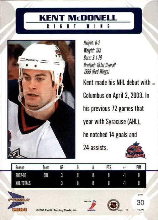 2003-04 Pacific Prism #30 Kent McDonell RC back image