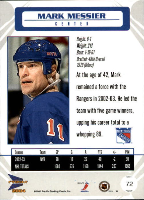 2003-04 Pacific Prism #72 Mark Messier back image