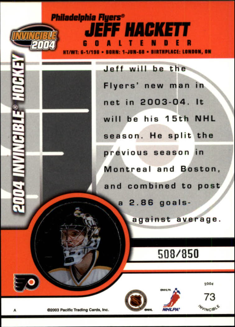 2003-04 Pacific Invincible Red #73 Jeff Hackett back image