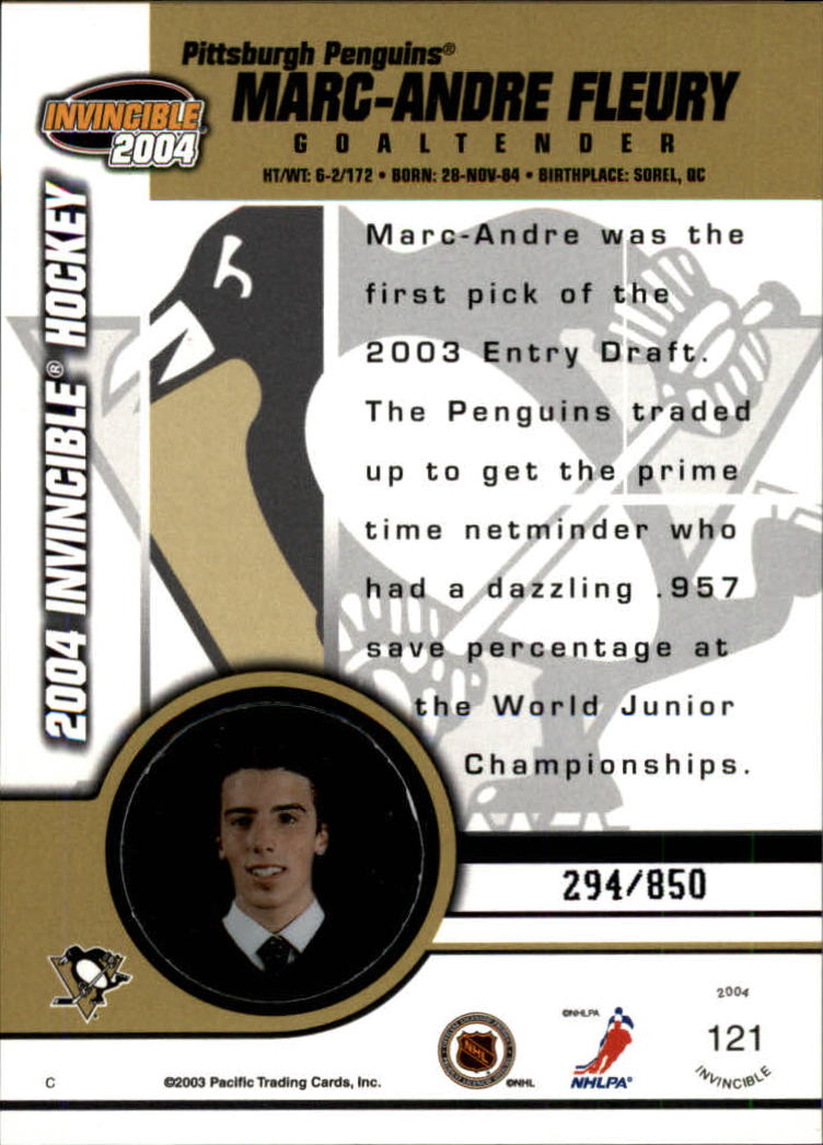 2003-04 Pacific Invincible Red #121 Marc-Andre Fleury back image