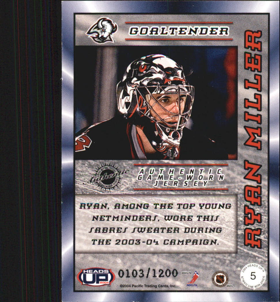 2003-04 Pacific Heads Up Jerseys #5 Ryan Miller back image