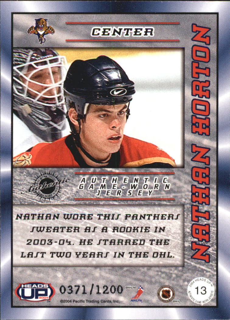 2003-04 Pacific Heads Up Jerseys #13 Nathan Horton back image