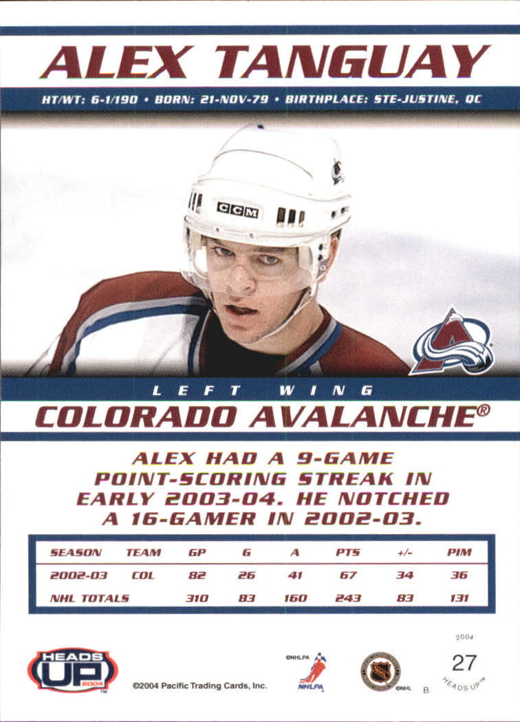 2003-04 Pacific Heads Up #27 Alex Tanguay back image