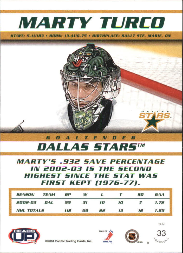 2003-04 Pacific Heads Up #33 Marty Turco back image