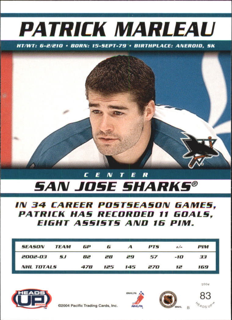 2003-04 Pacific Heads Up #83 Patrick Marleau back image