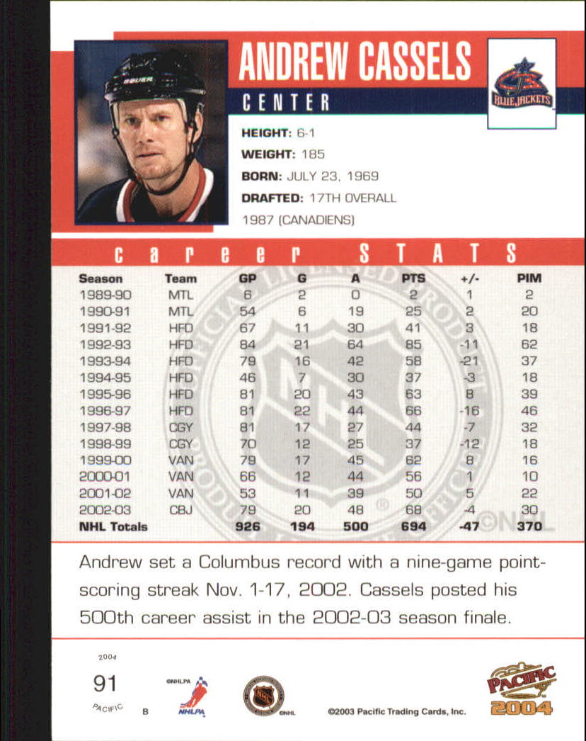 2003-04 Pacific #91 Andrew Cassels back image