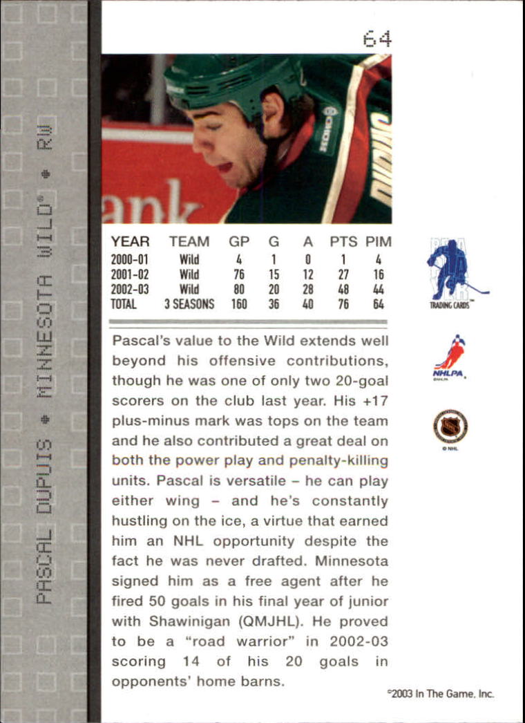 2003-04 BAP Memorabilia #64 Pascal Dupuis back image