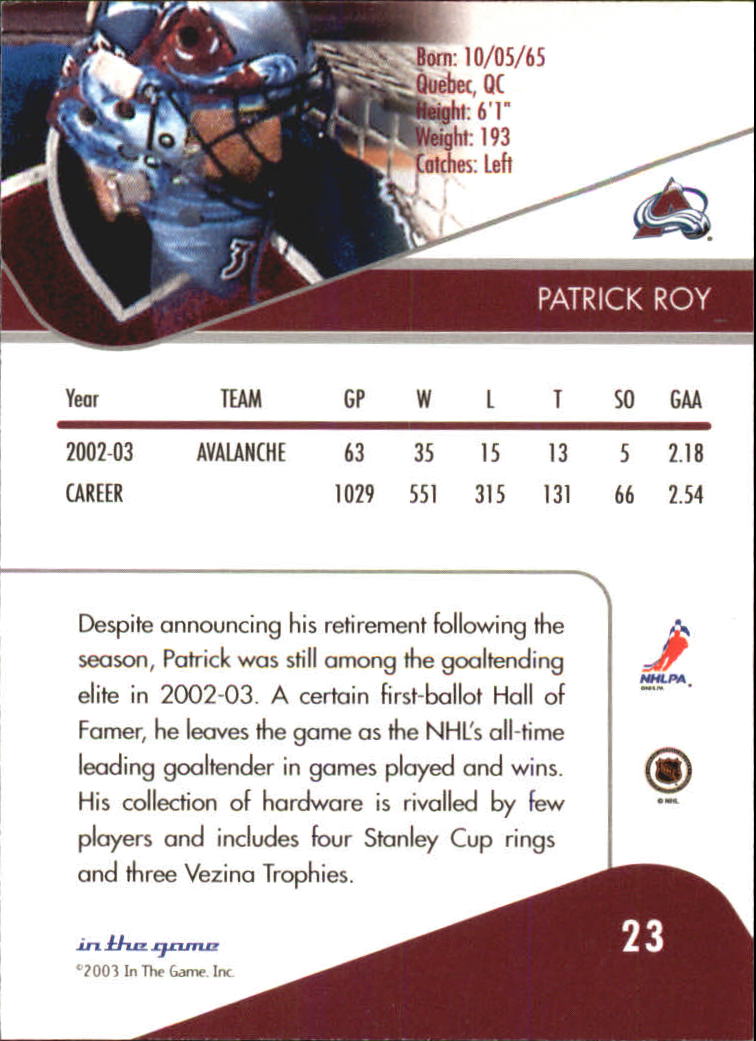2003-04 ITG Toronto Star #23 Patrick Roy back image
