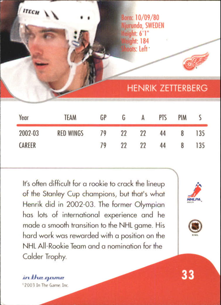 2003-04 ITG Toronto Star #33 Henrik Zetterberg back image