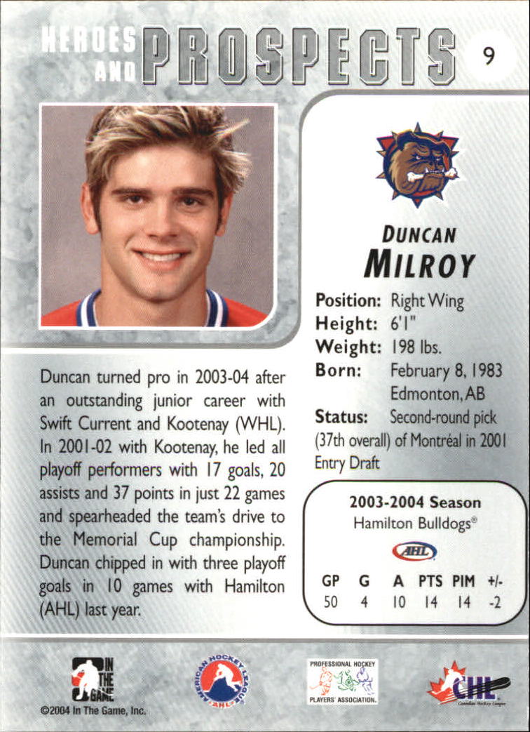 2004-05 ITG Heroes and Prospects #9 Duncan Milroy back image
