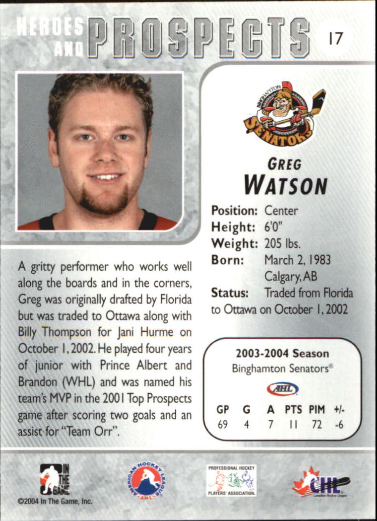 2004-05 ITG Heroes and Prospects #17 Greg Watson back image