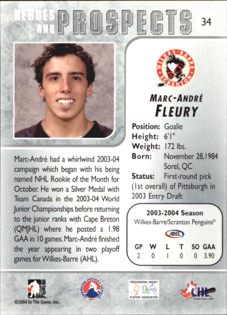2004-05 ITG Heroes and Prospects #34 Marc-Andre Fleury back image