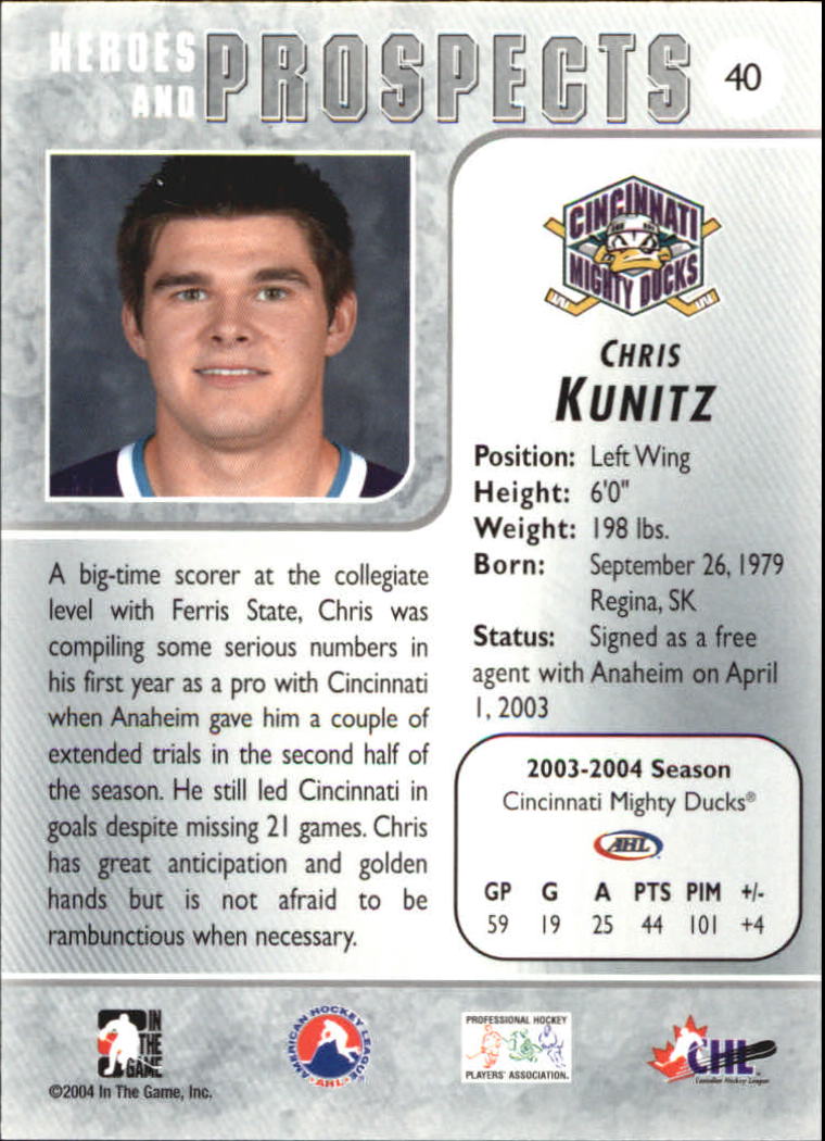 2004-05 ITG Heroes and Prospects #40 Chris Kunitz back image