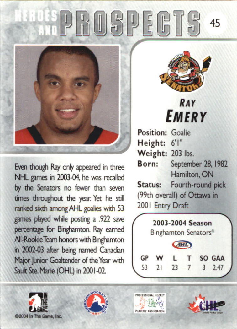 2004-05 ITG Heroes and Prospects #45 Ray Emery back image