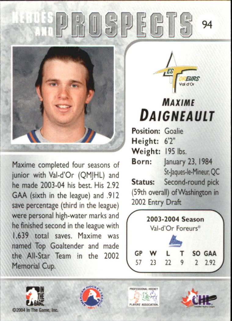 2004-05 ITG Heroes and Prospects #94 Maxime Daigneault back image