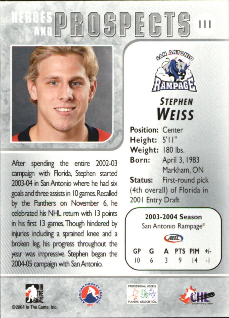 2004-05 ITG Heroes and Prospects #111 Stephen Weiss back image
