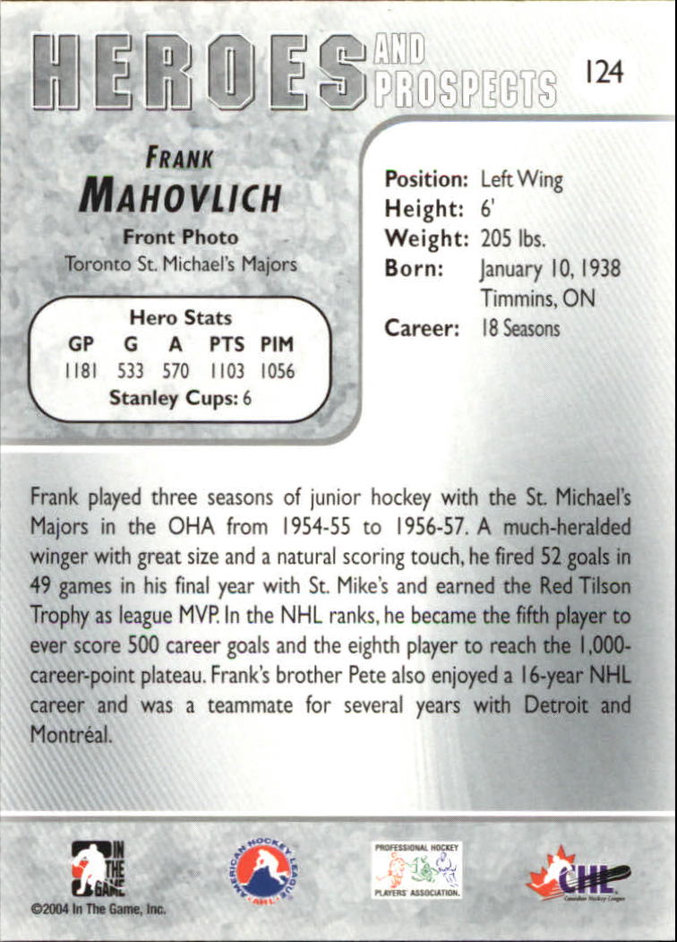 2004-05 ITG Heroes and Prospects #124 Frank Mahovlich back image